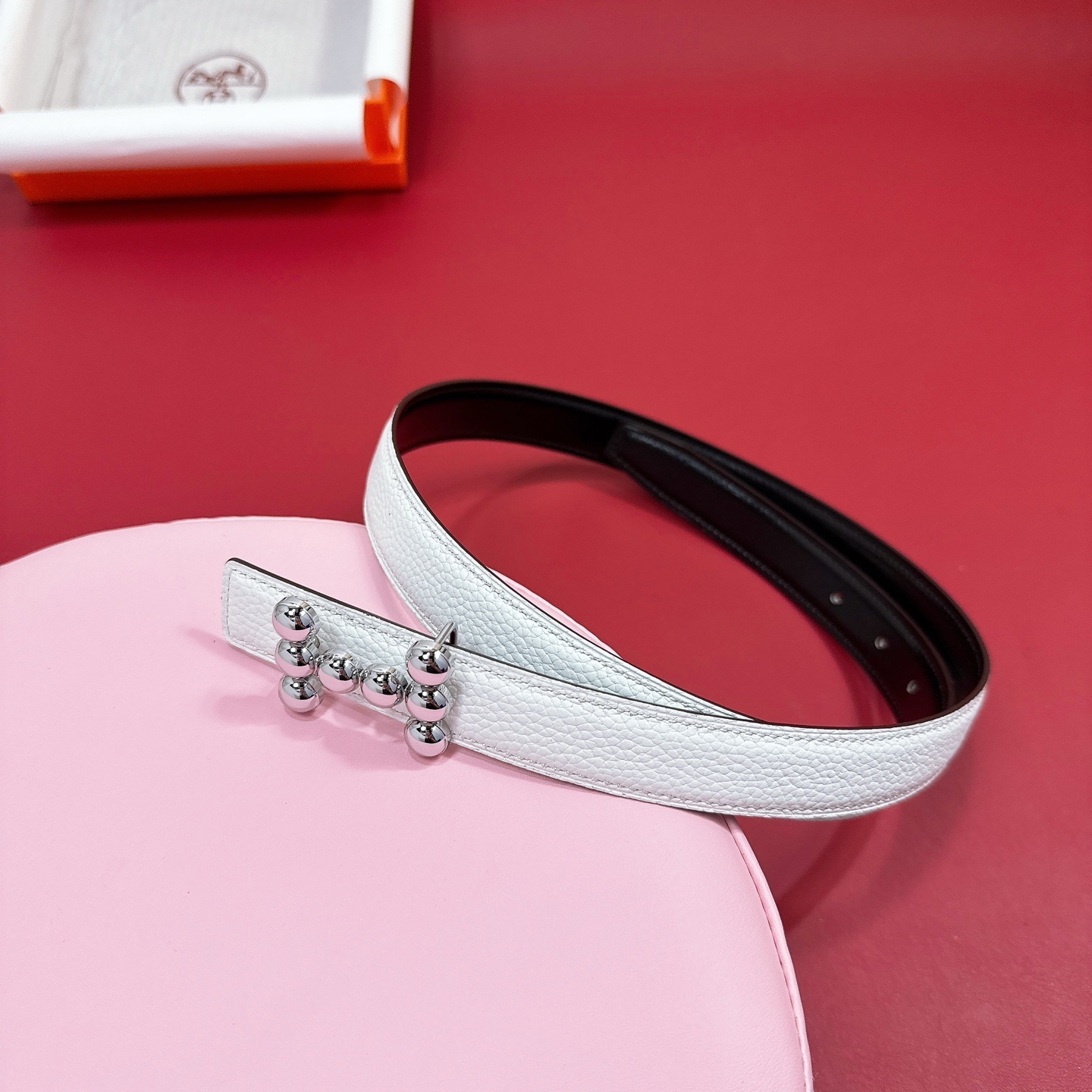 Hermès White Reversible Leather Belt with Silver Bead Buckle