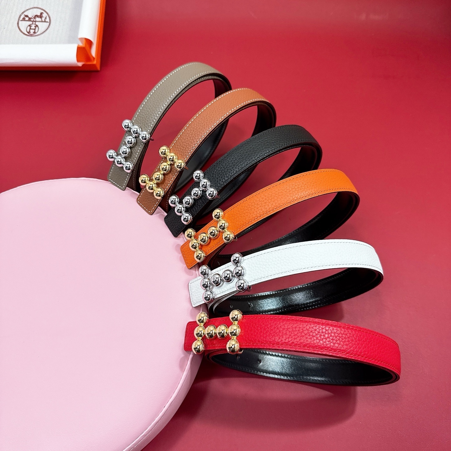 Luxury Red Pebbled Leather Belt with Gold Beaded H Buckle