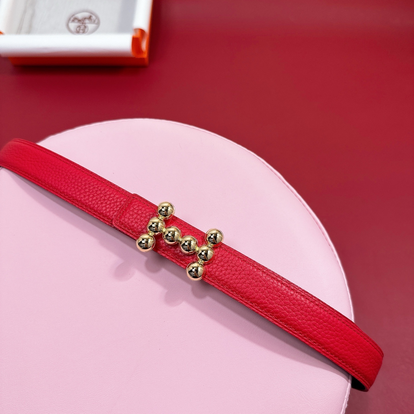 Luxury Red Pebbled Leather Belt with Gold Beaded H Buckle