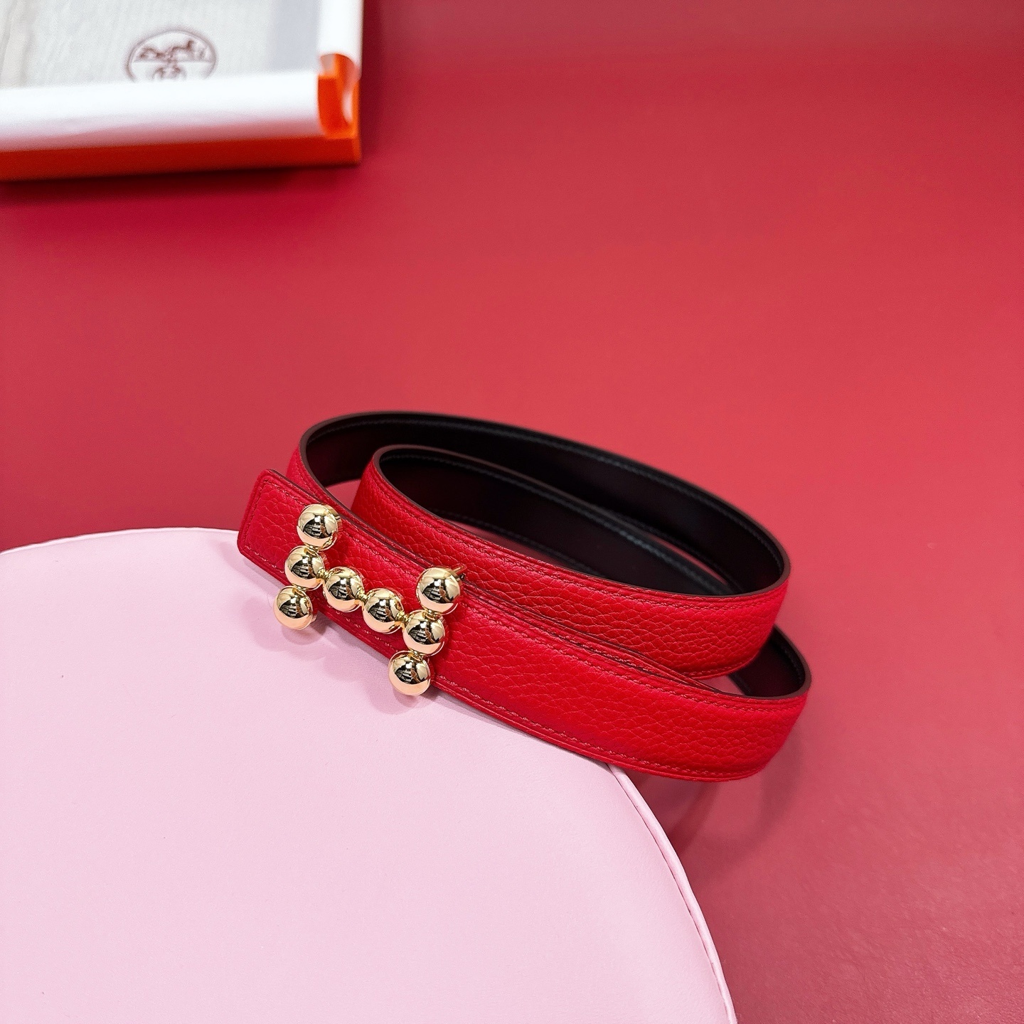 Luxury Red Pebbled Leather Belt with Gold Beaded H Buckle
