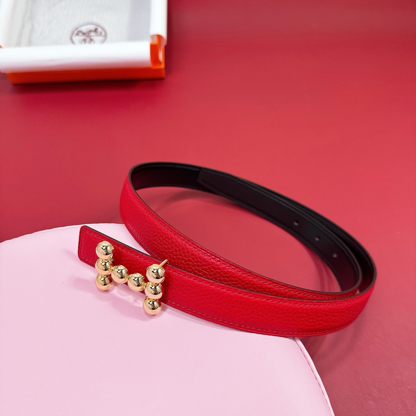 Luxury Red Pebbled Leather Belt with Gold Beaded H Buckle