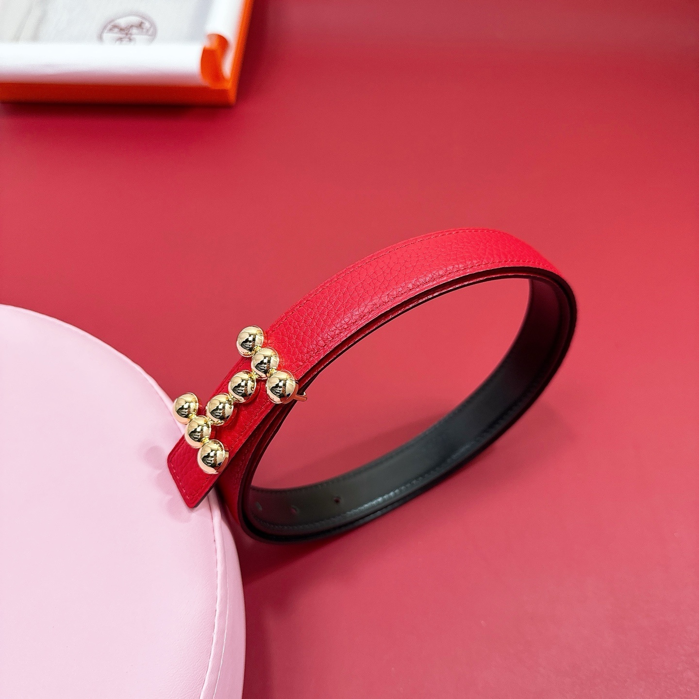 Luxury Red Pebbled Leather Belt with Gold Beaded H Buckle