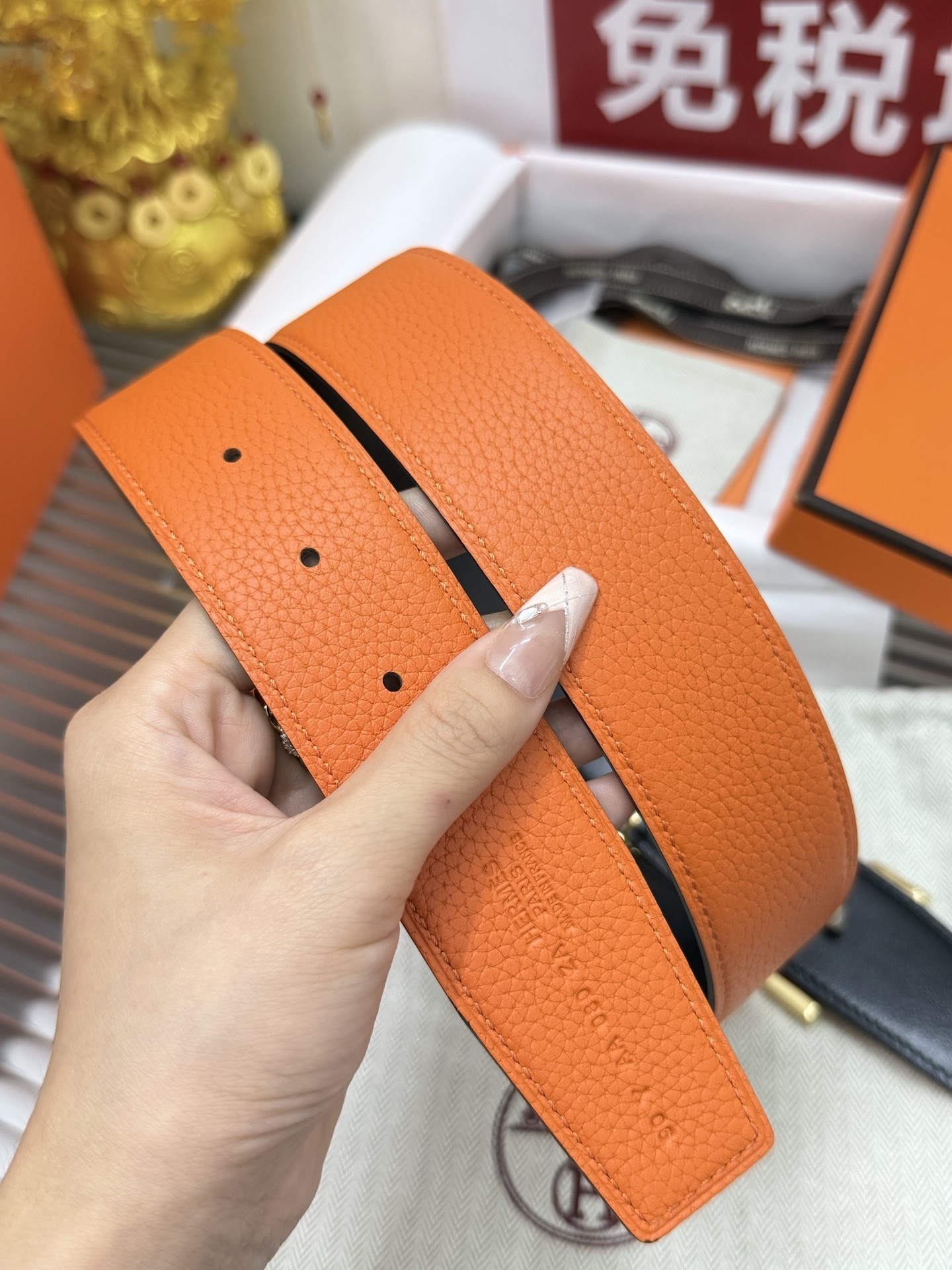 Hermes Reversible H Belt Orange & Black Leather Gold Buckle