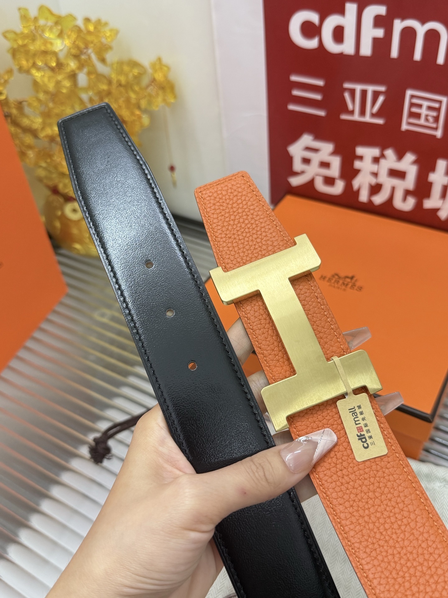 Hermes Reversible H Belt Orange & Black Leather Gold Buckle