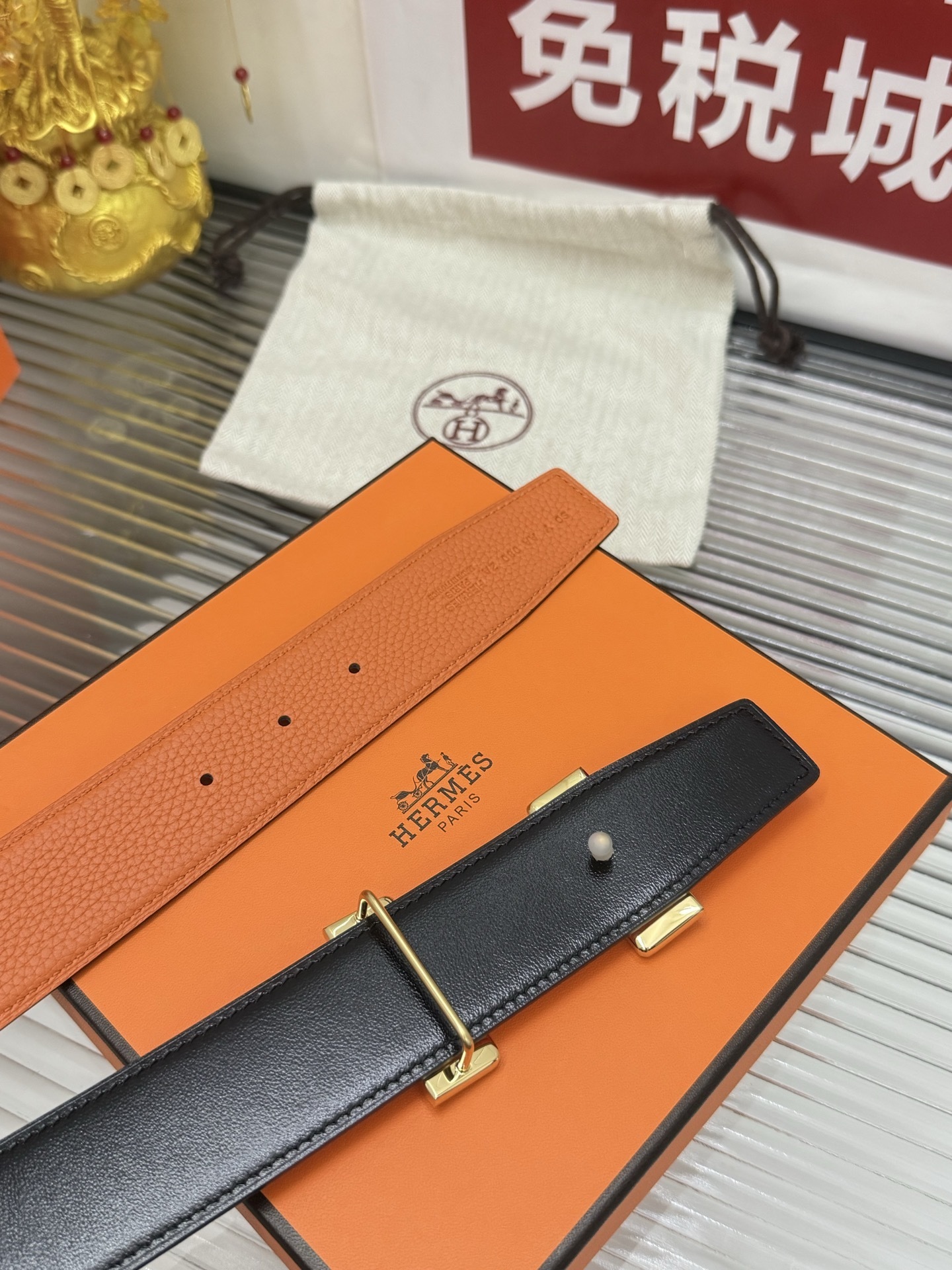Hermes Reversible H Belt Orange & Black Leather Gold Buckle