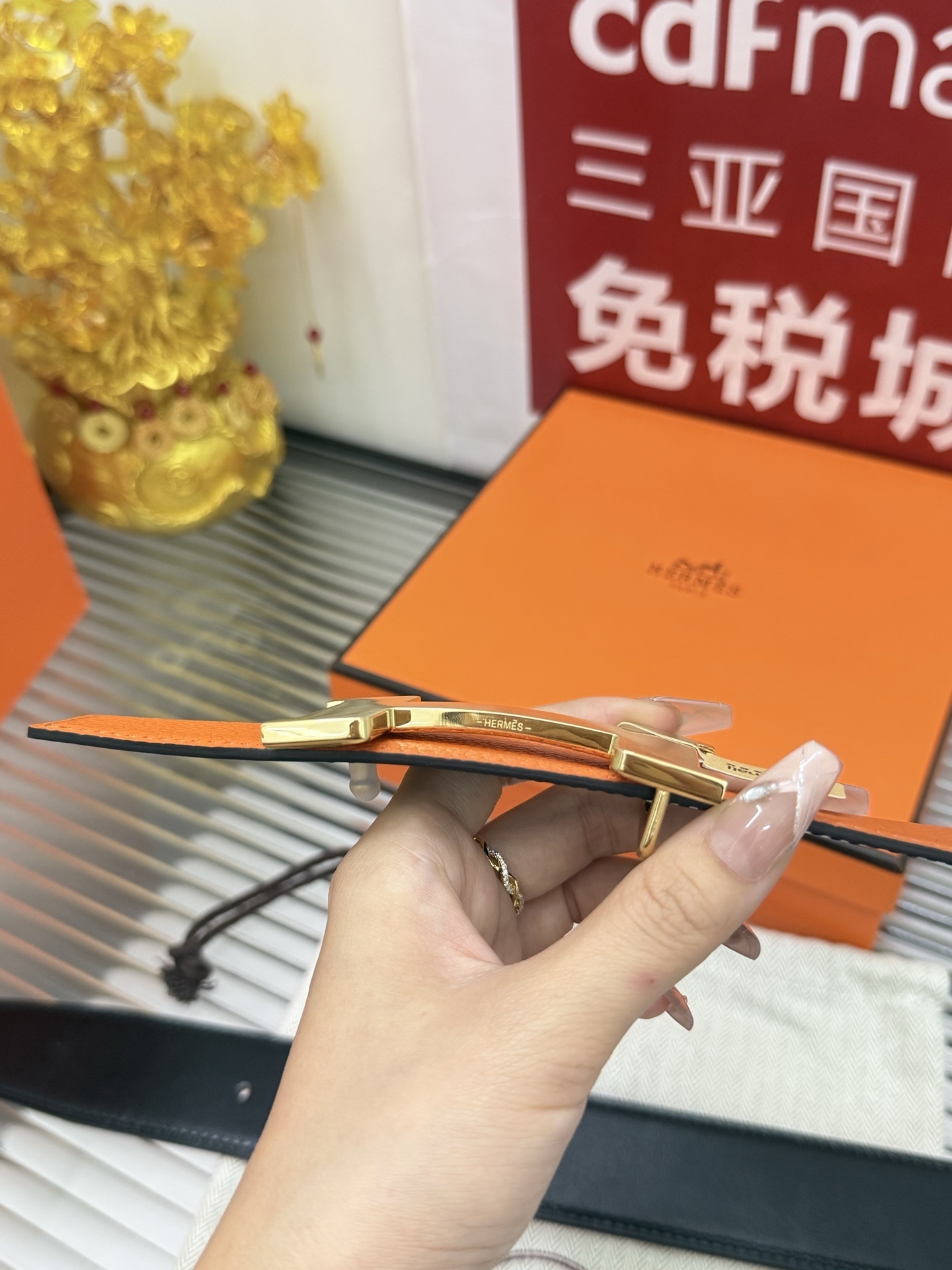 Hermes Reversible H Belt Orange & Black Leather Gold Buckle