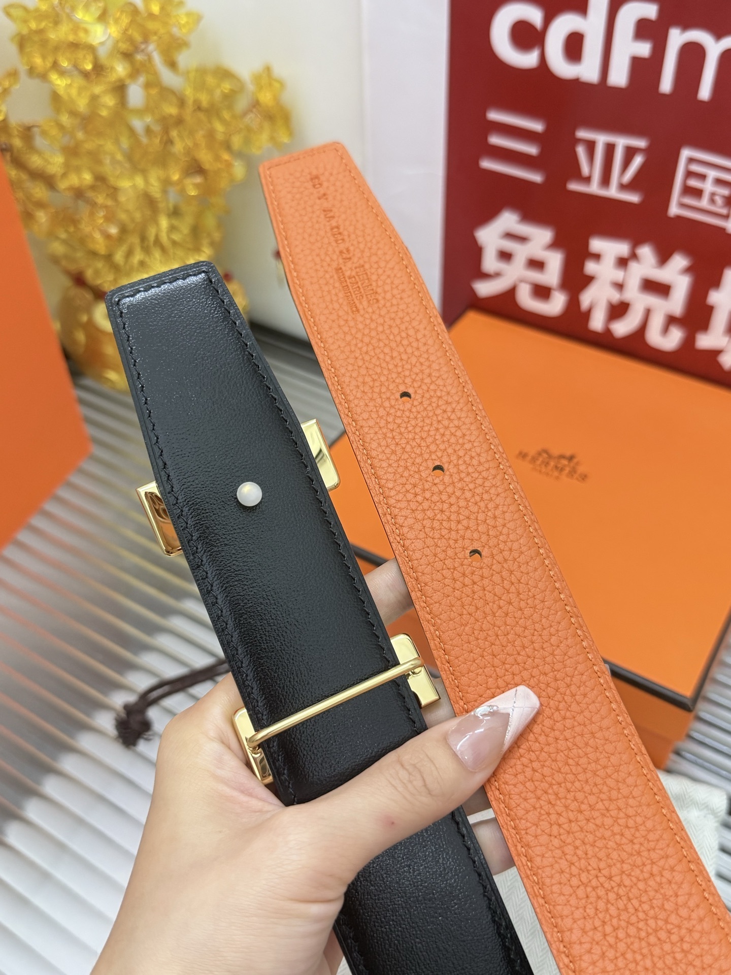 Hermes Reversible H Belt Orange & Black Leather Gold Buckle