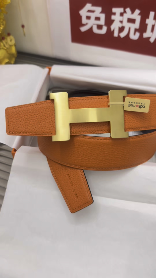 Premium Orange Leather Belt with Gold-Tone H Buckle