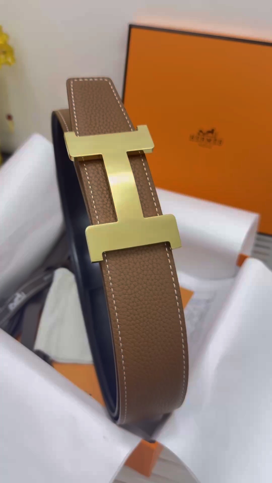 Hermes Reversible Leather H Belt with Gold-Tone Buckle