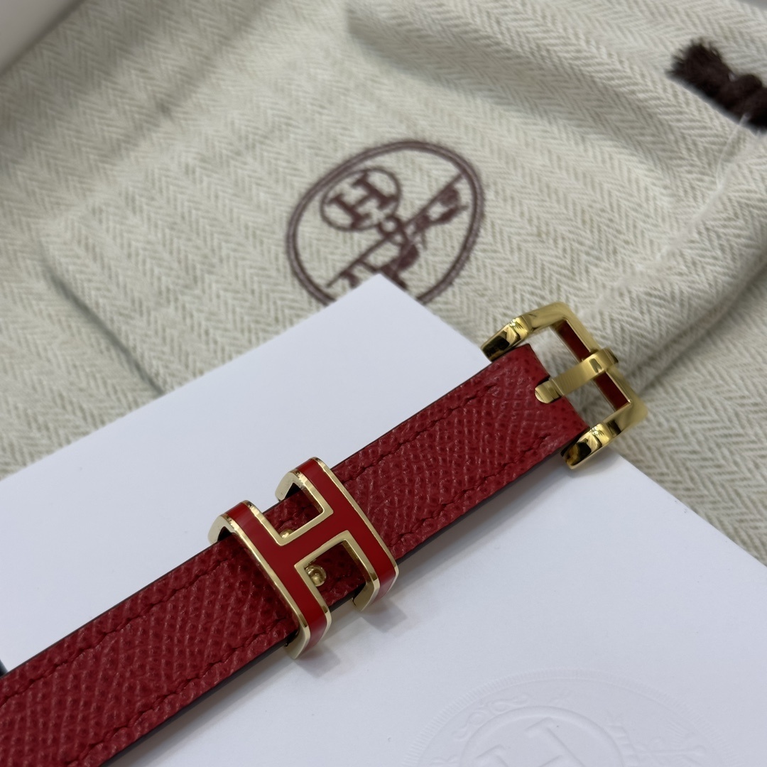 Luxury Red Epsom Leather Belt with Gold H Buckle for Women