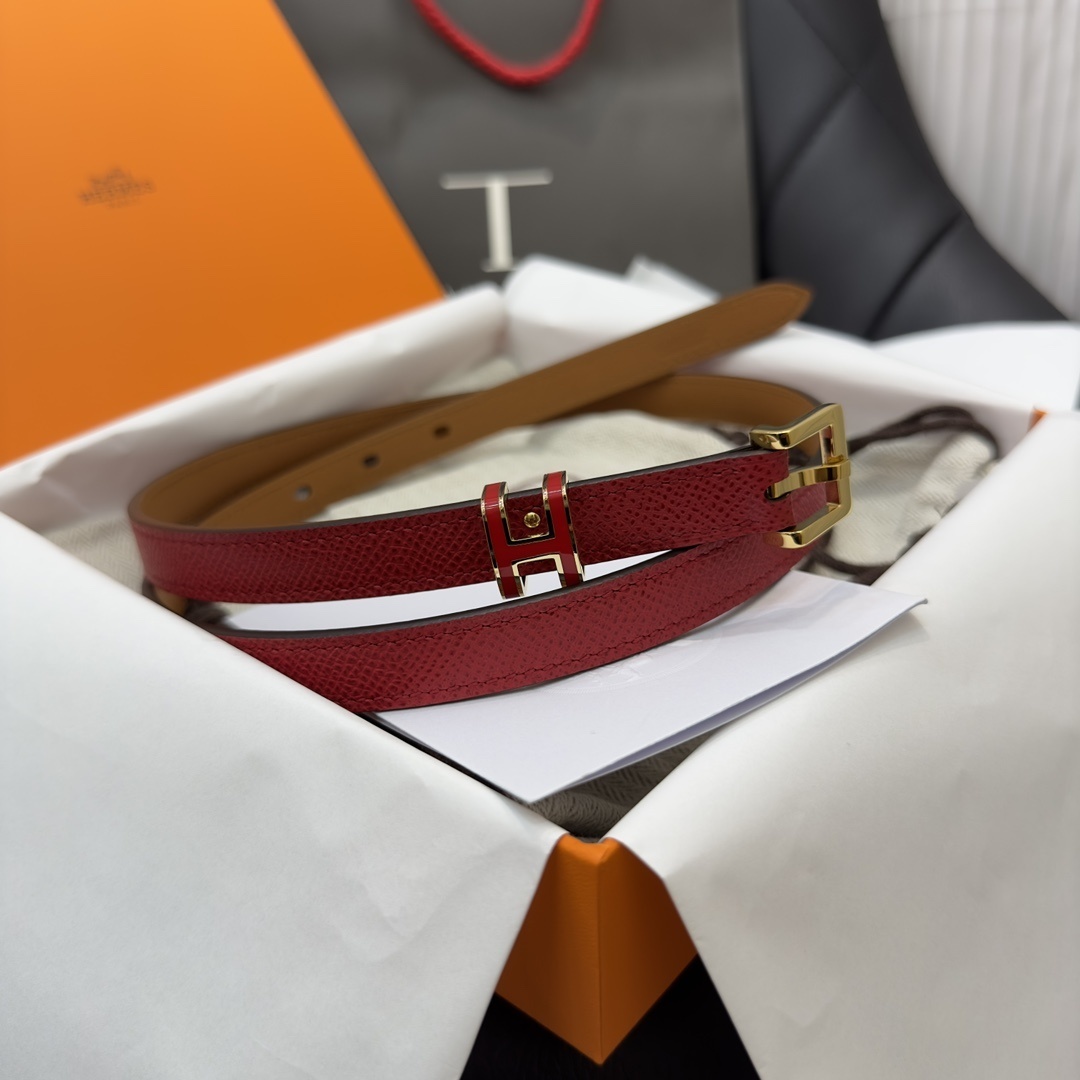 Luxury Red Epsom Leather Belt with Gold H Buckle for Women