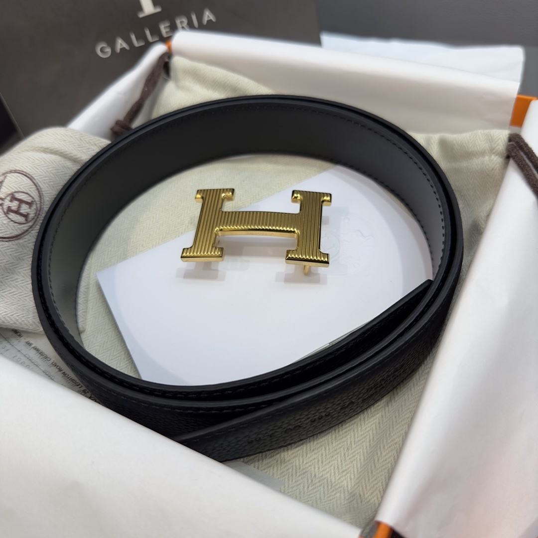 Luxury Hermes H Belt with Gold Textured Buckle - Black Leather
