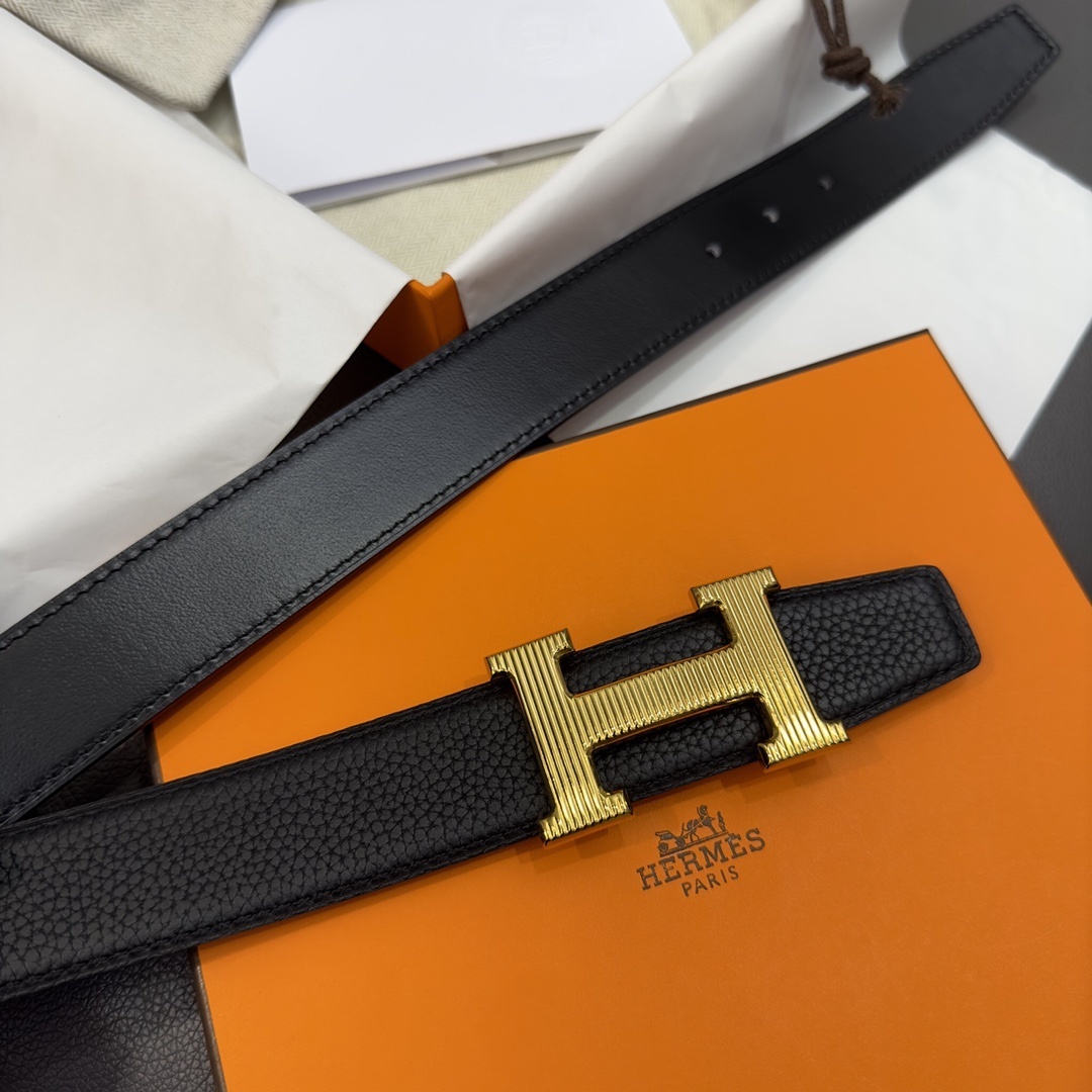Luxury Hermes H Belt with Gold Textured Buckle - Black Leather