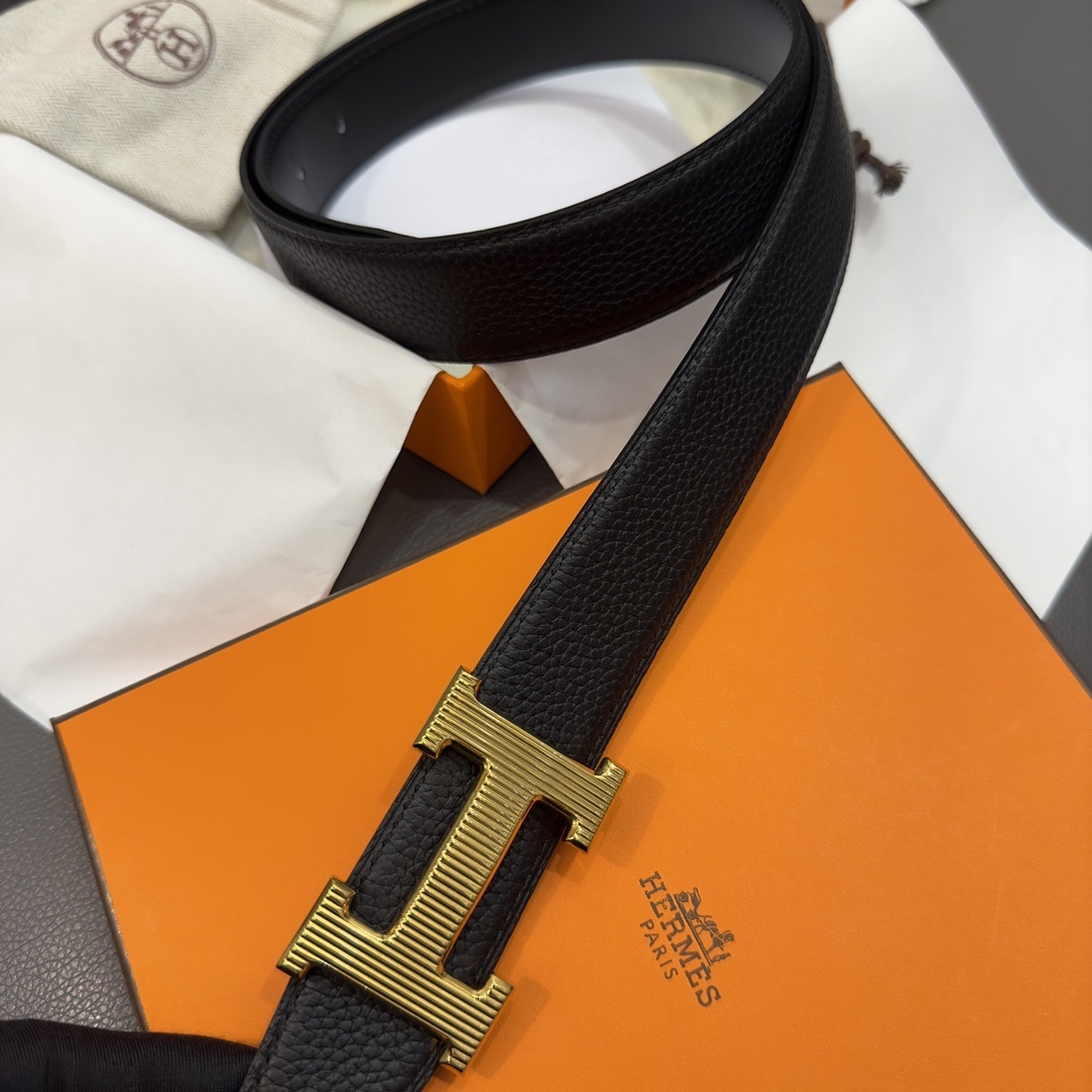 Luxury Hermes H Belt with Gold Textured Buckle - Black Leather