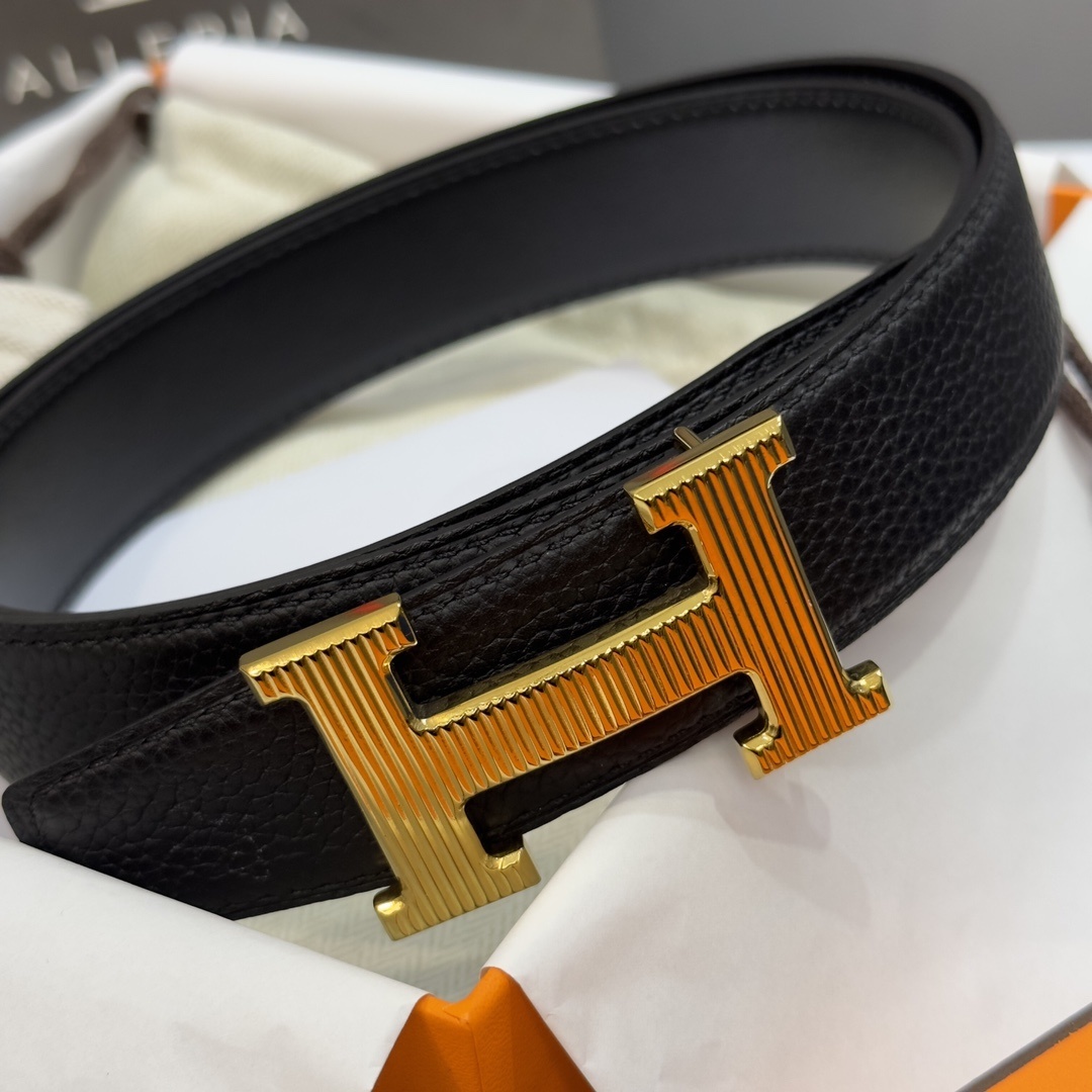 Luxury Hermes H Belt with Gold Textured Buckle - Black Leather