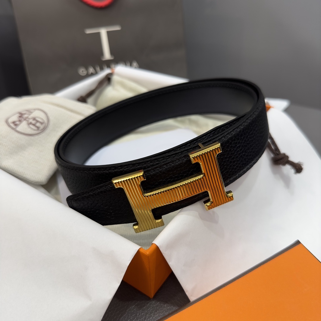 Luxury Hermes H Belt with Gold Textured Buckle - Black Leather