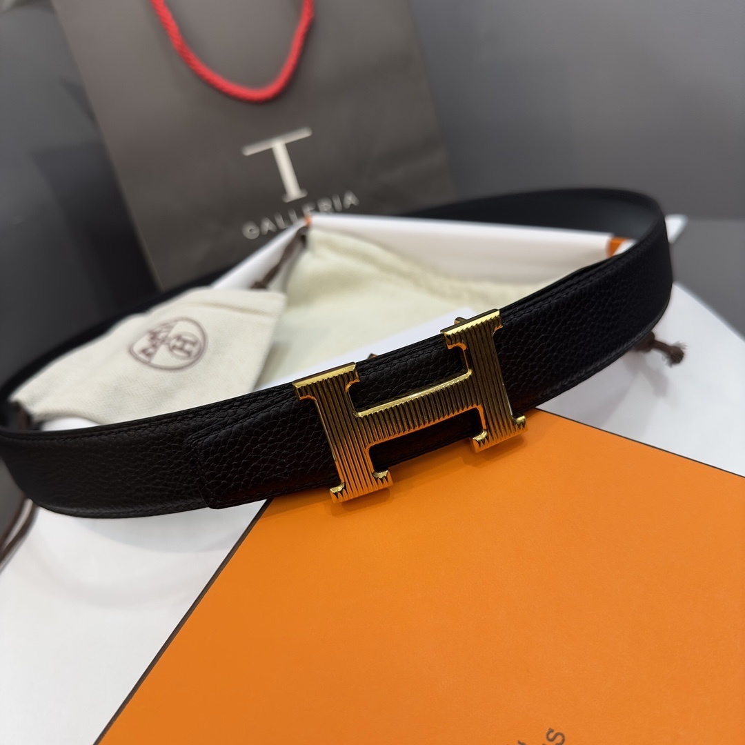 Luxury Hermes H Belt with Gold Textured Buckle – Black Leather