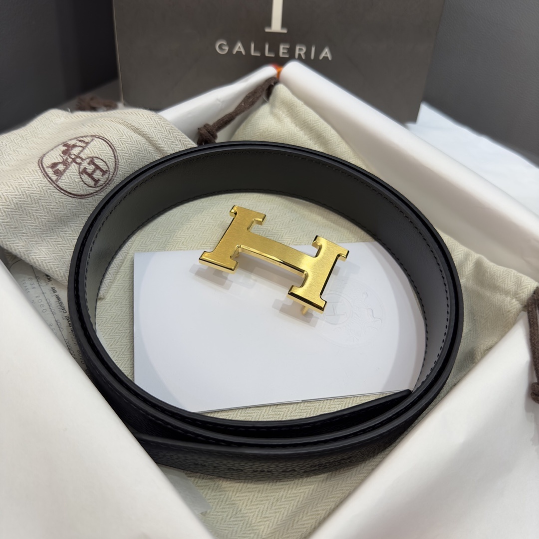 Authentic Hermes H Belt Reversible Black Leather Gold Buckle