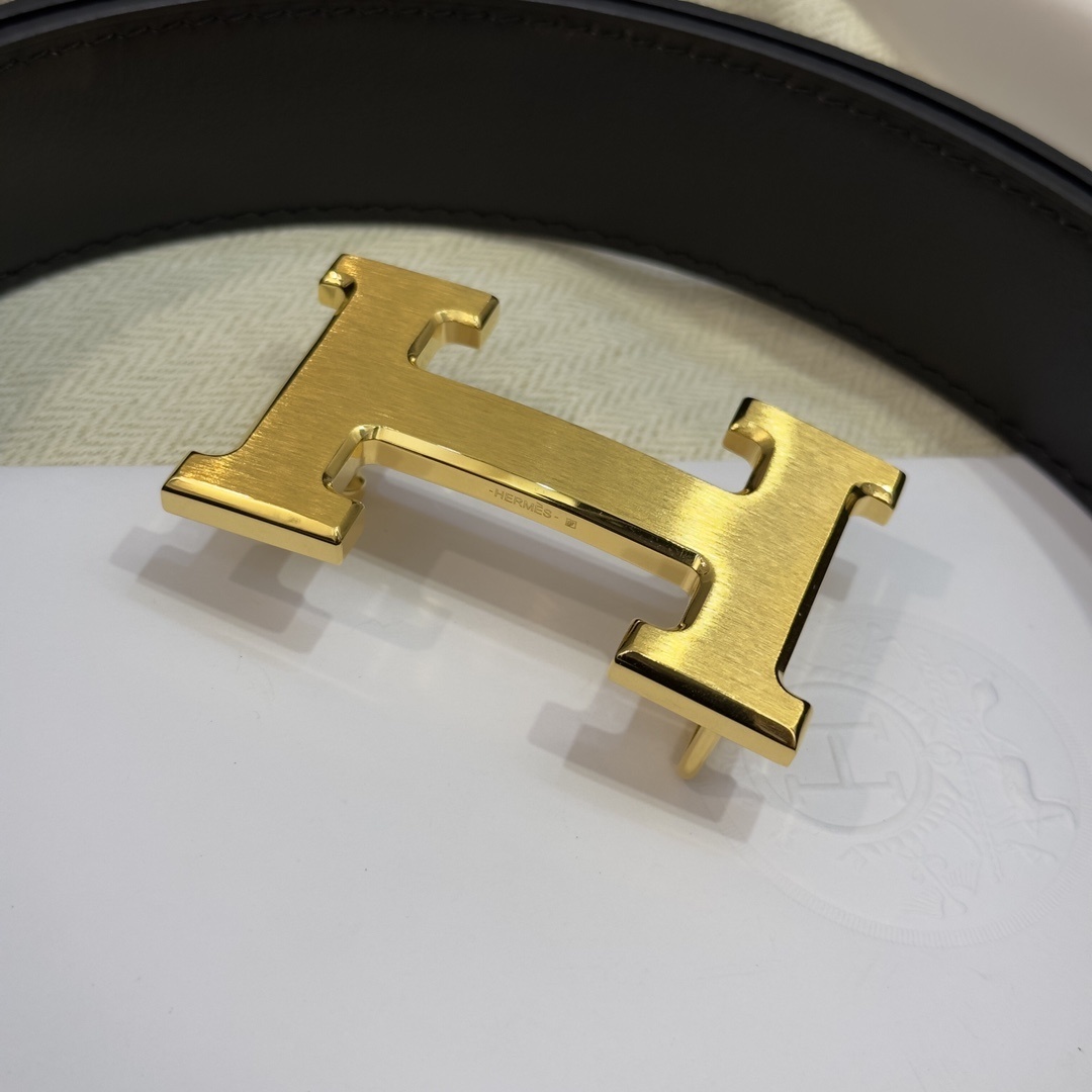 Authentic Hermes H Belt Reversible Black Leather Gold Buckle