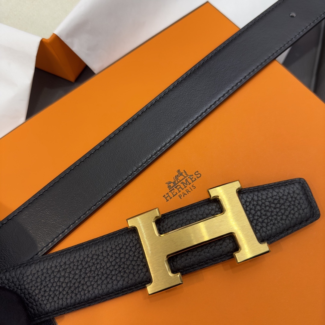 Authentic Hermes H Belt Reversible Black Leather Gold Buckle