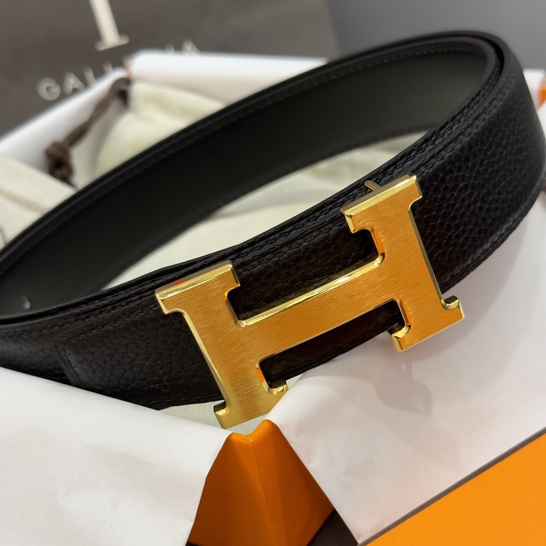 Authentic Hermes H Belt Reversible Black Leather Gold Buckle