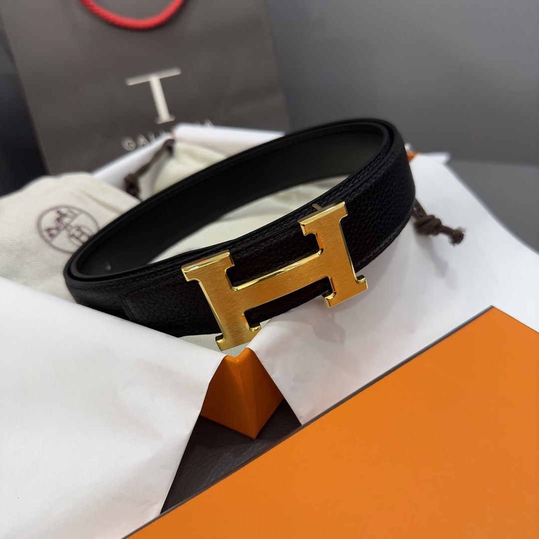 Authentic Hermes H Belt Reversible Black Leather Gold Buckle