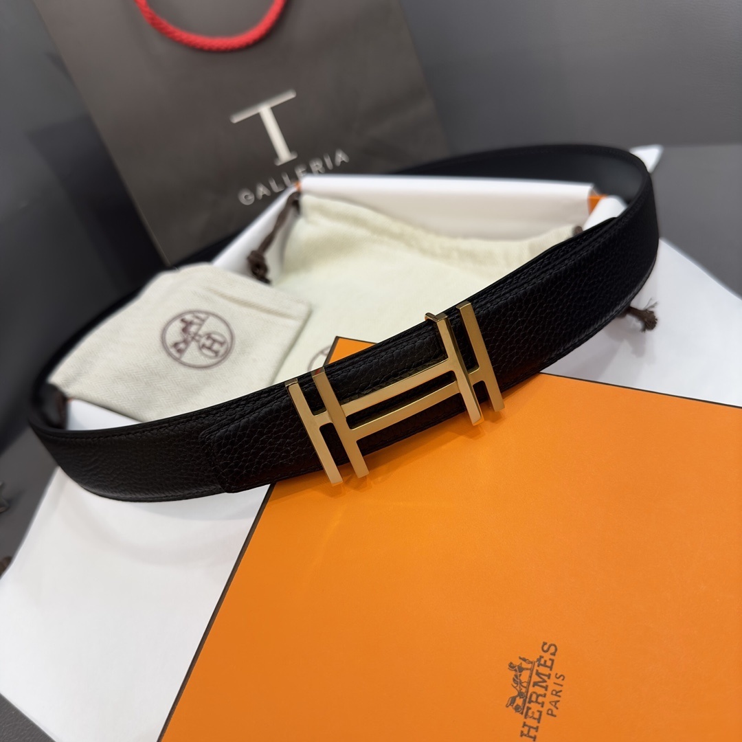 Hermès Men’s Belt with Gold H Buckle – Black Grained Leather