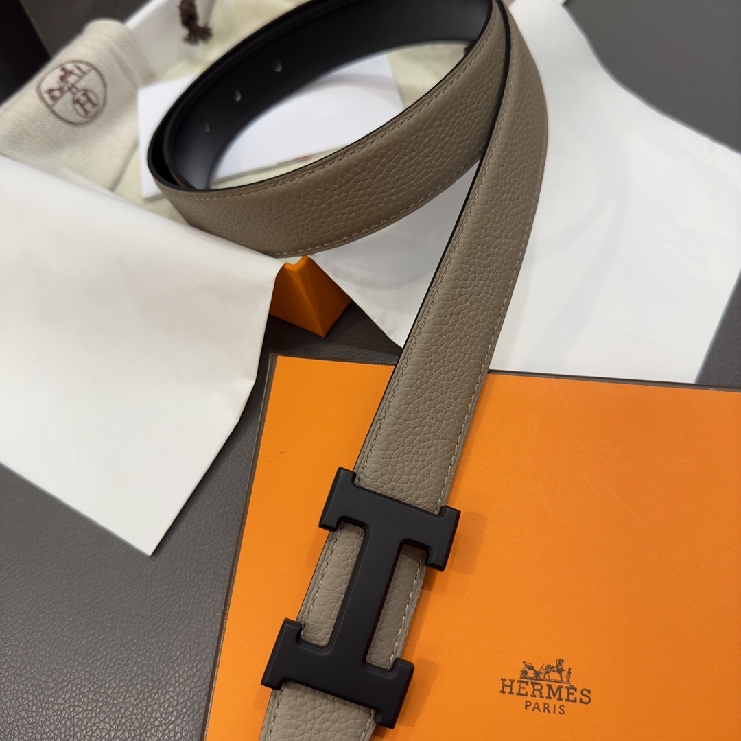 Hermes Reversible H Buckle Leather Belt - Etoupe and Black