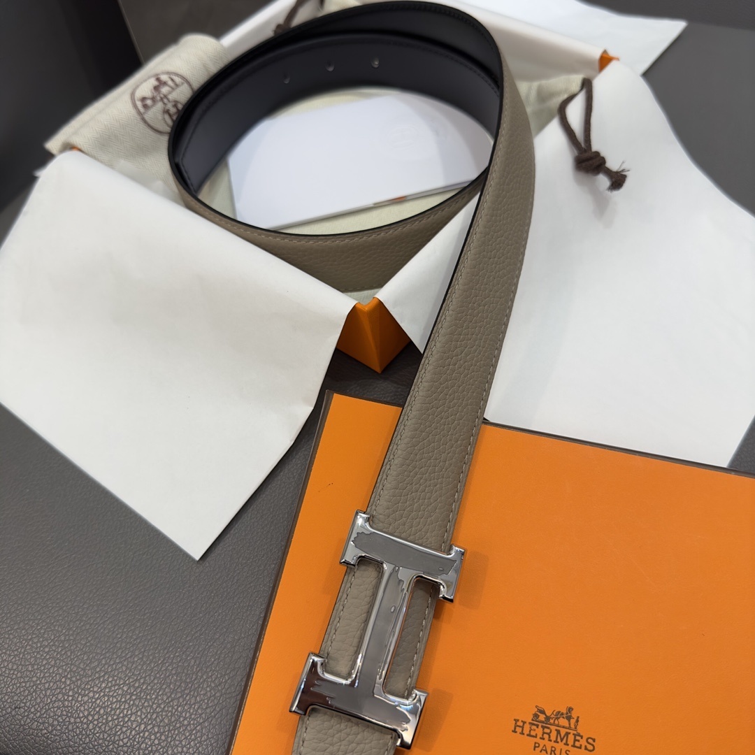 Hermes Reversible H Buckle Leather Belt - Etoupe and Black