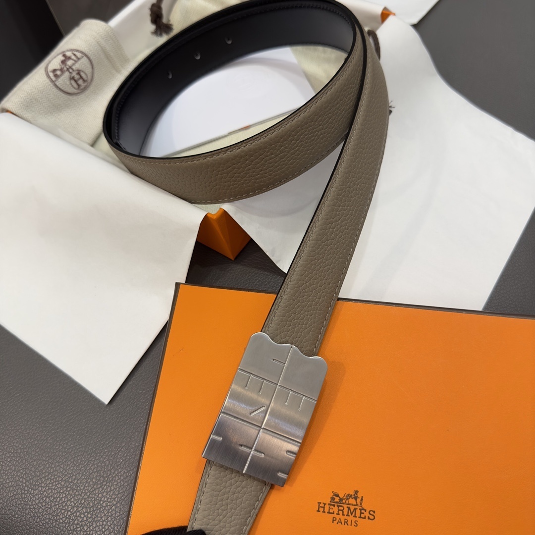 Hermes Reversible H Buckle Leather Belt - Etoupe and Black