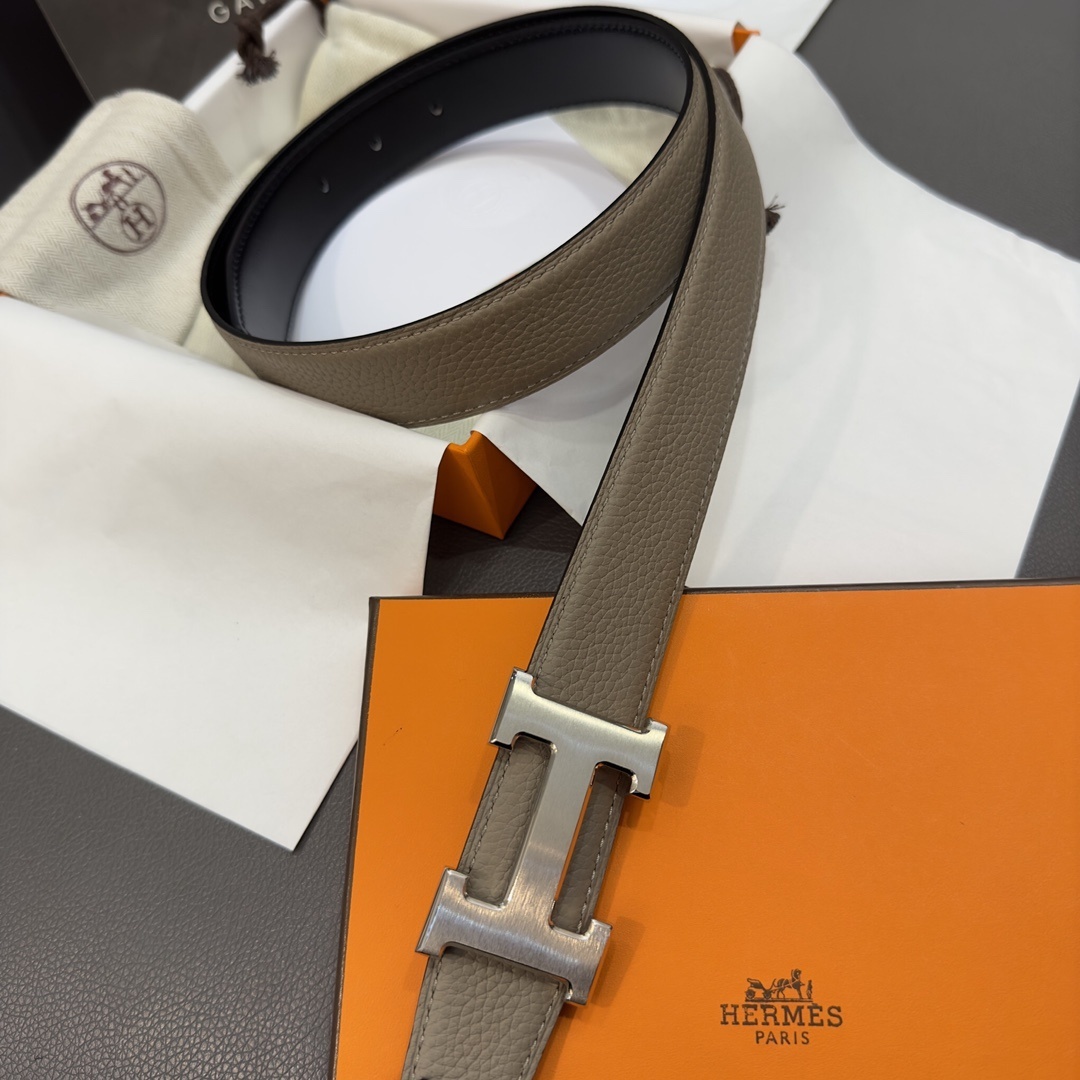 Hermes Reversible H Buckle Leather Belt - Etoupe and Black