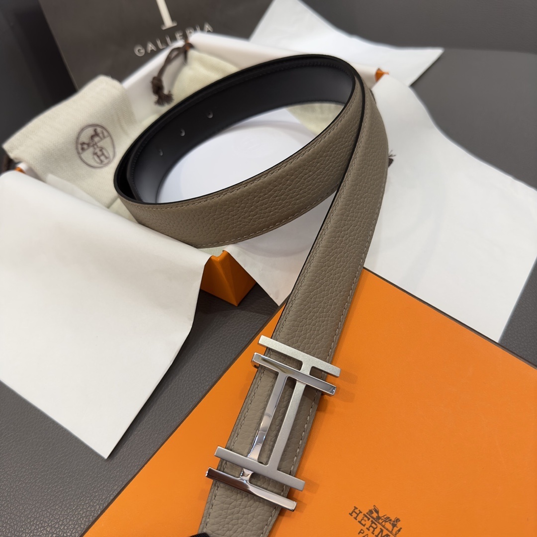 Hermes Reversible H Buckle Leather Belt – Etoupe and Black
