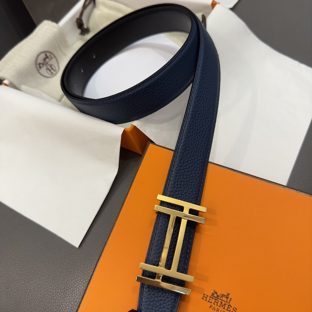 Hermes Luxury Navy Blue Togo Leather Belt with Gold Buckle