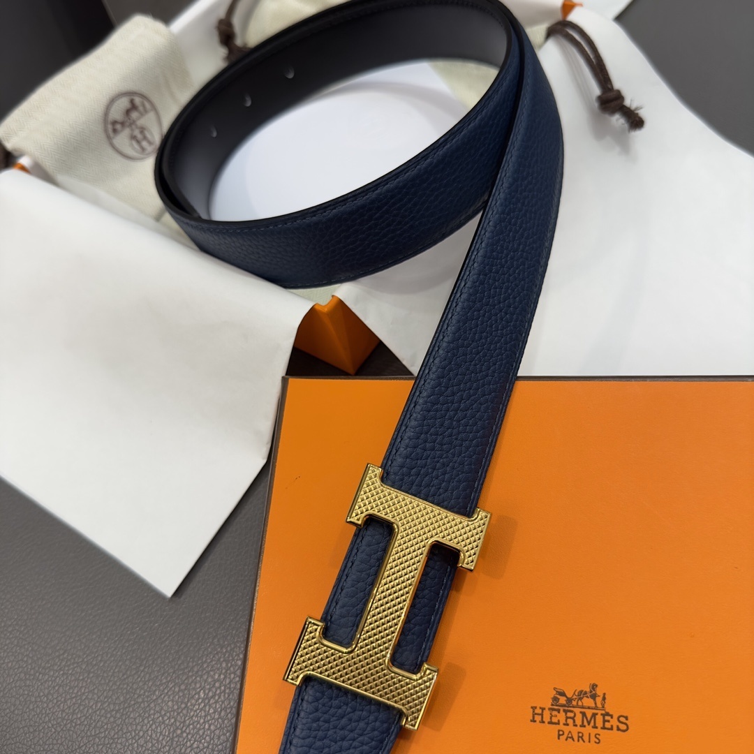 Hermes Luxury Navy Blue Togo Leather Belt with Gold Buckle