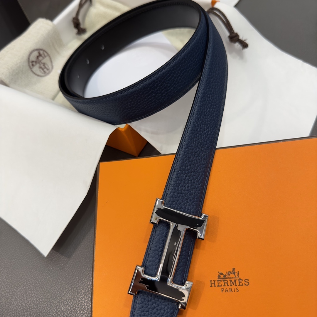 Hermes Luxury Navy Blue Togo Leather Belt with Gold Buckle