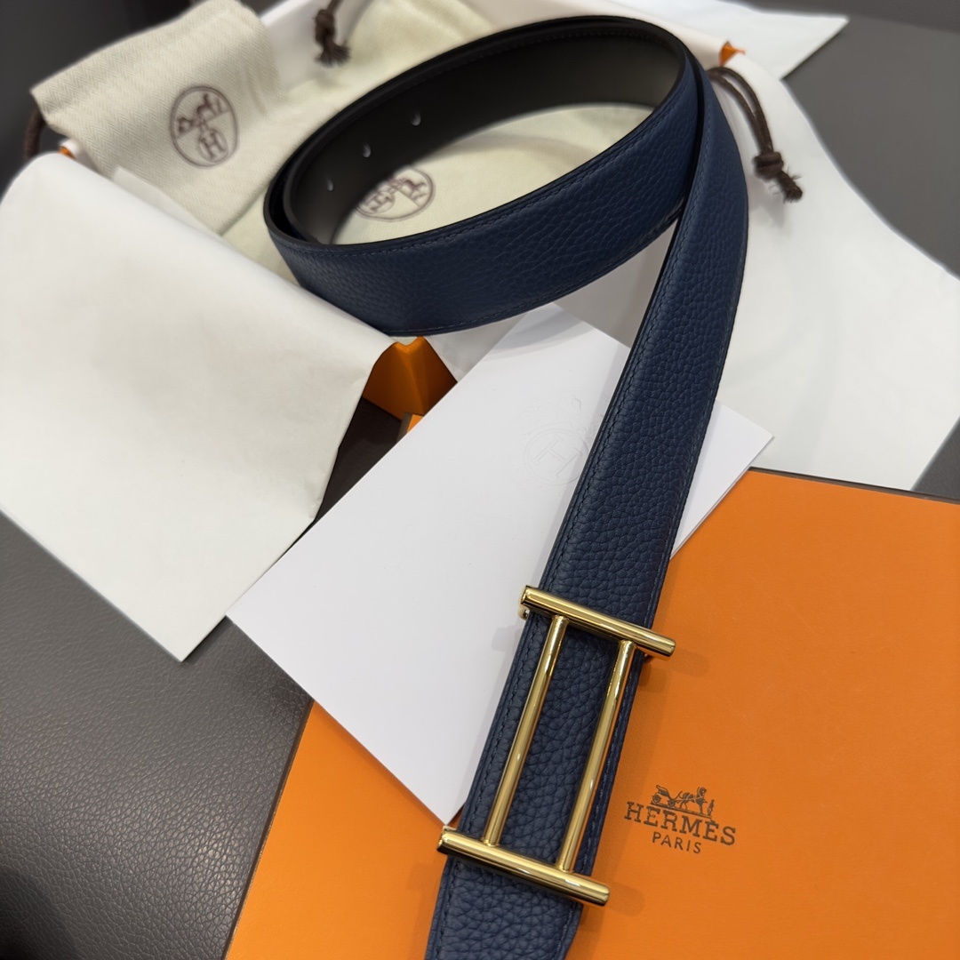 Hermes Luxury Navy Blue Togo Leather Belt with Gold Buckle