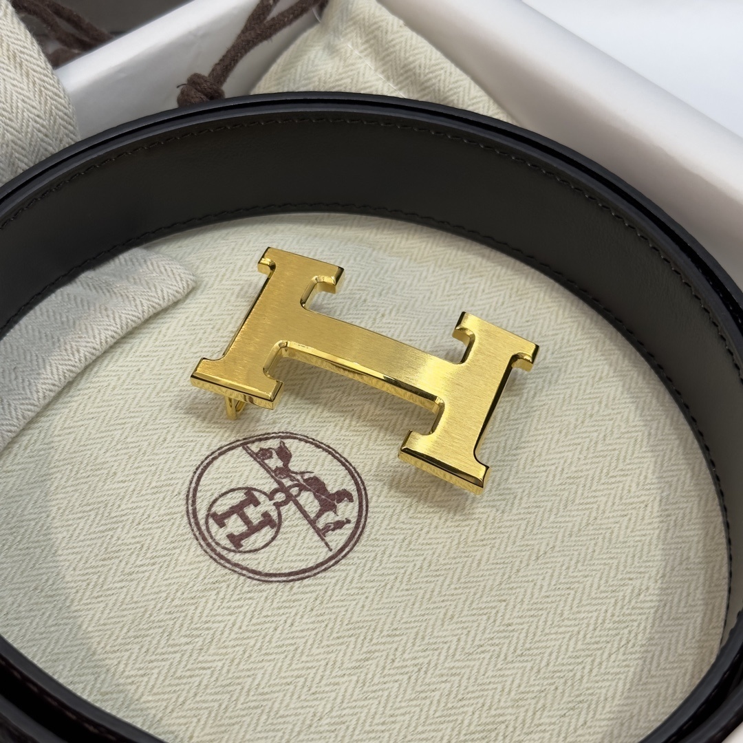 Luxury Hermes Men's H Belt - Grained Dark Brown Leather & Gold