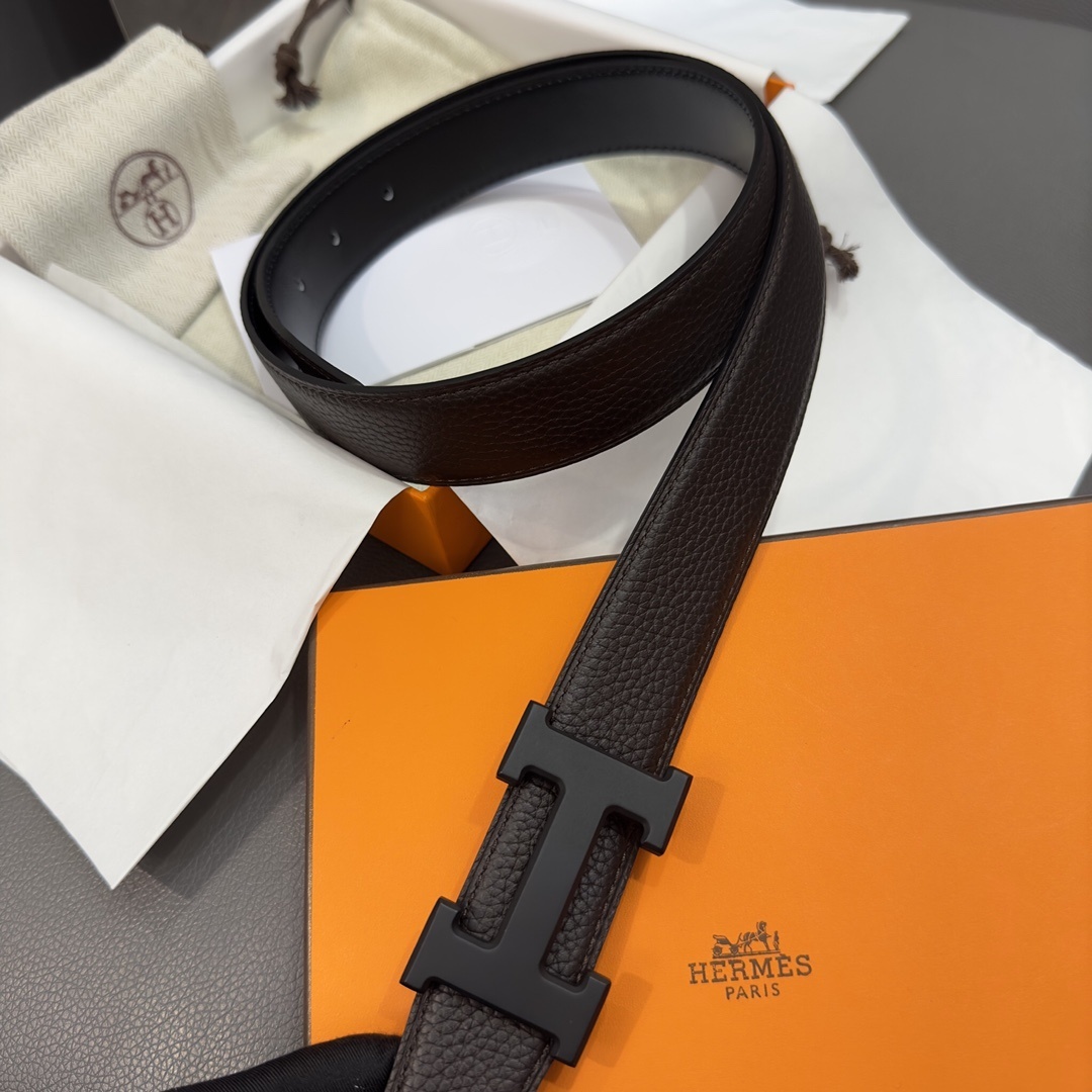 Luxury Hermes Men's H Belt - Grained Dark Brown Leather & Gold