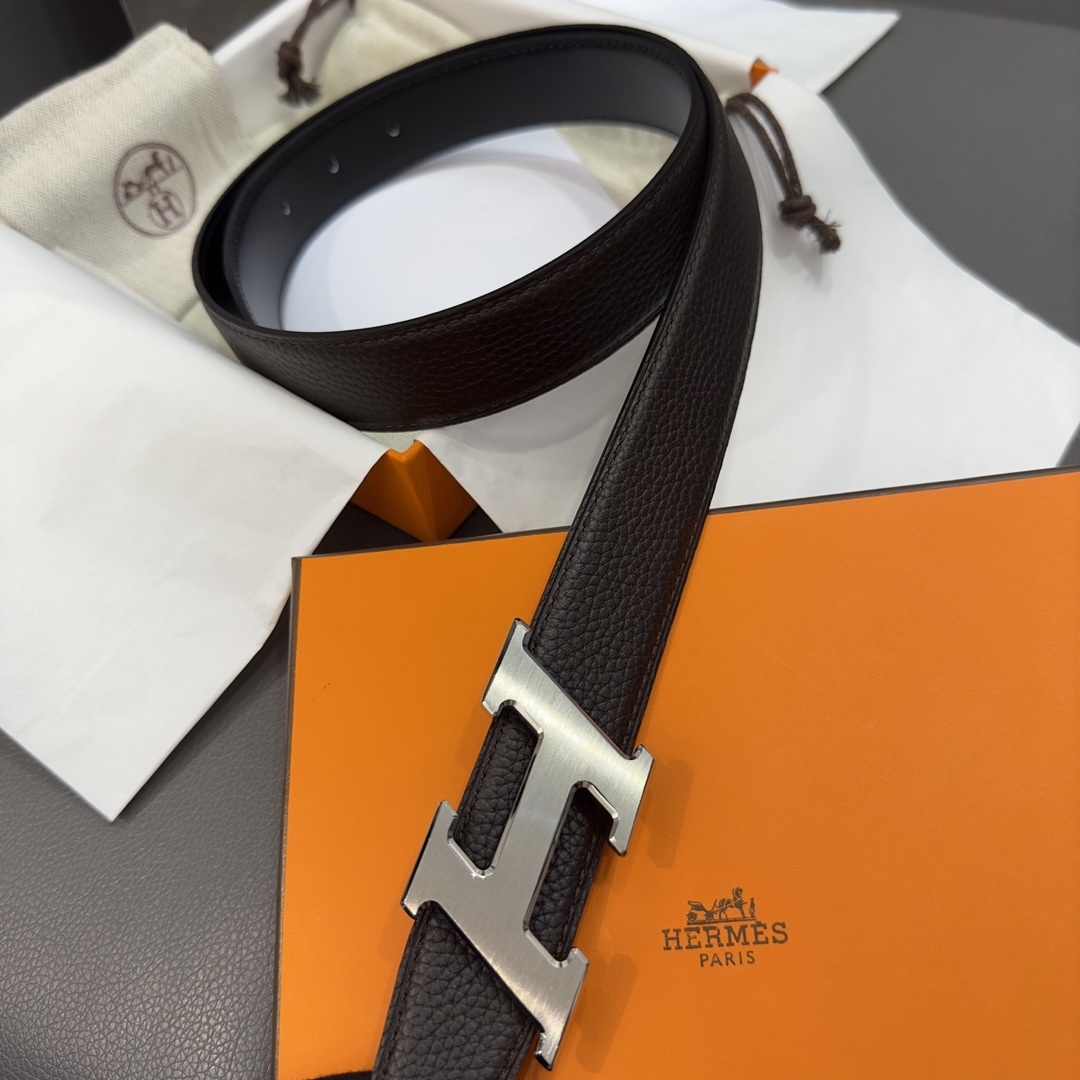 Luxury Hermes Men's H Belt - Grained Dark Brown Leather & Gold