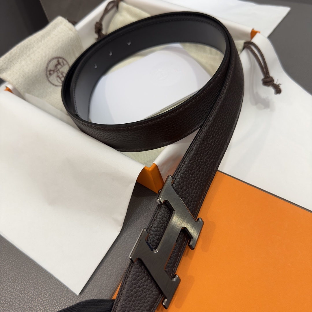 Luxury Hermes Men's H Belt - Grained Dark Brown Leather & Gold