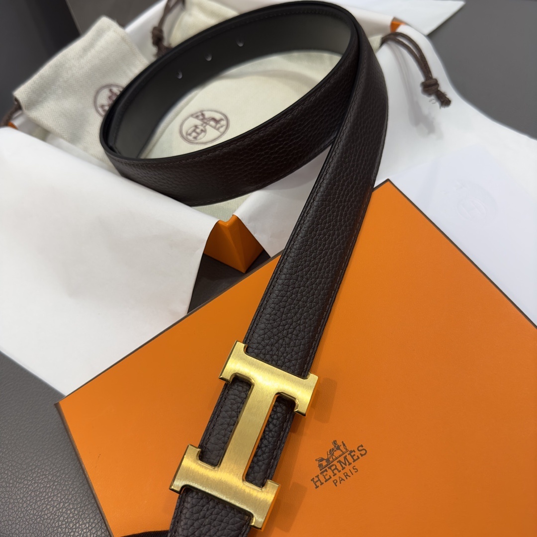 Luxury Hermes Men’s H Belt – Grained Dark Brown Leather & Gold