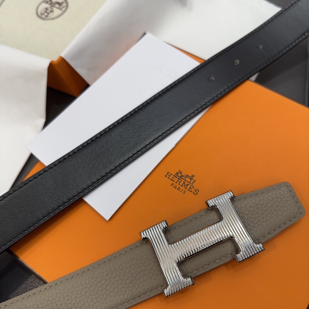 Hermes Reversible Leather Belt with Textured Silver H Buckle