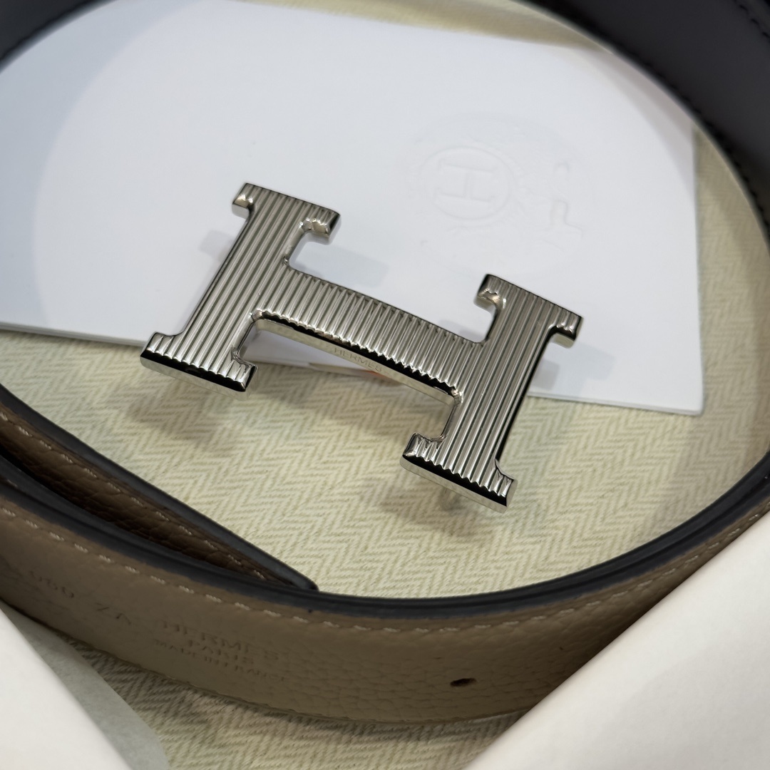 Hermes Reversible Leather Belt with Textured Silver H Buckle