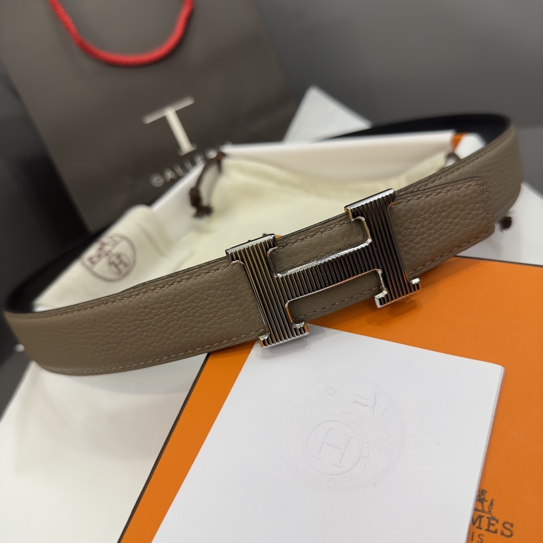 Hermes Reversible Leather Belt with Textured Silver H Buckle