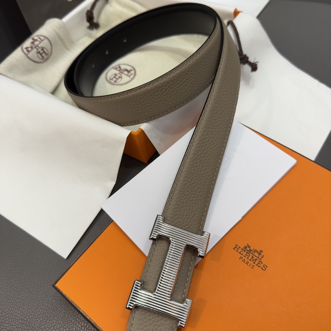 Hermes Reversible Leather Belt with Textured Silver H Buckle