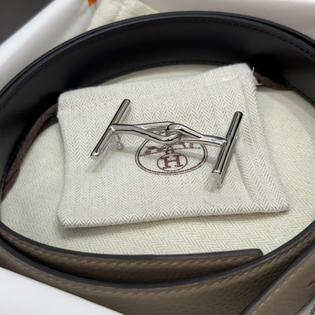 Hermes Mors Buckle Reversible Leather Belt - Taupe & Black Silver