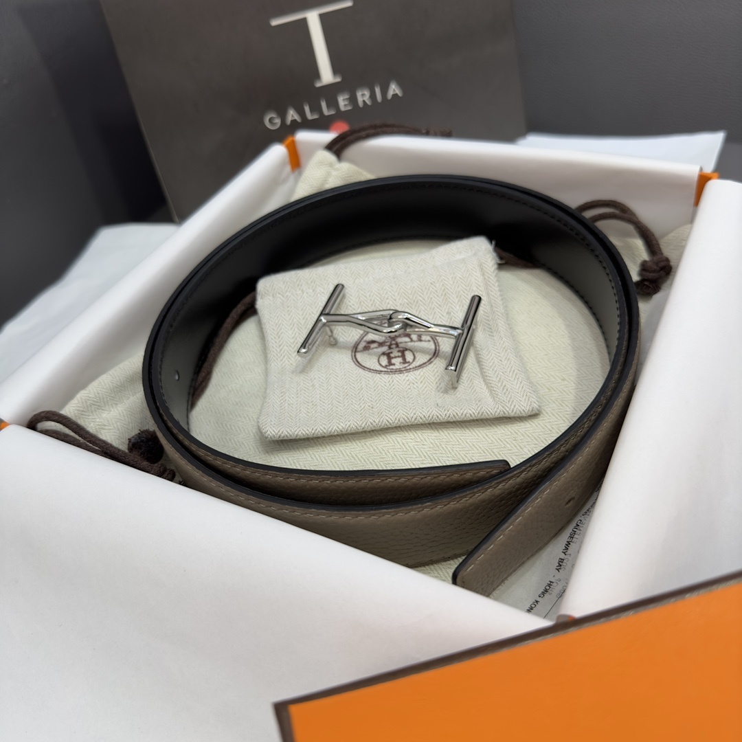 Hermes Mors Buckle Reversible Leather Belt - Taupe & Black Silver