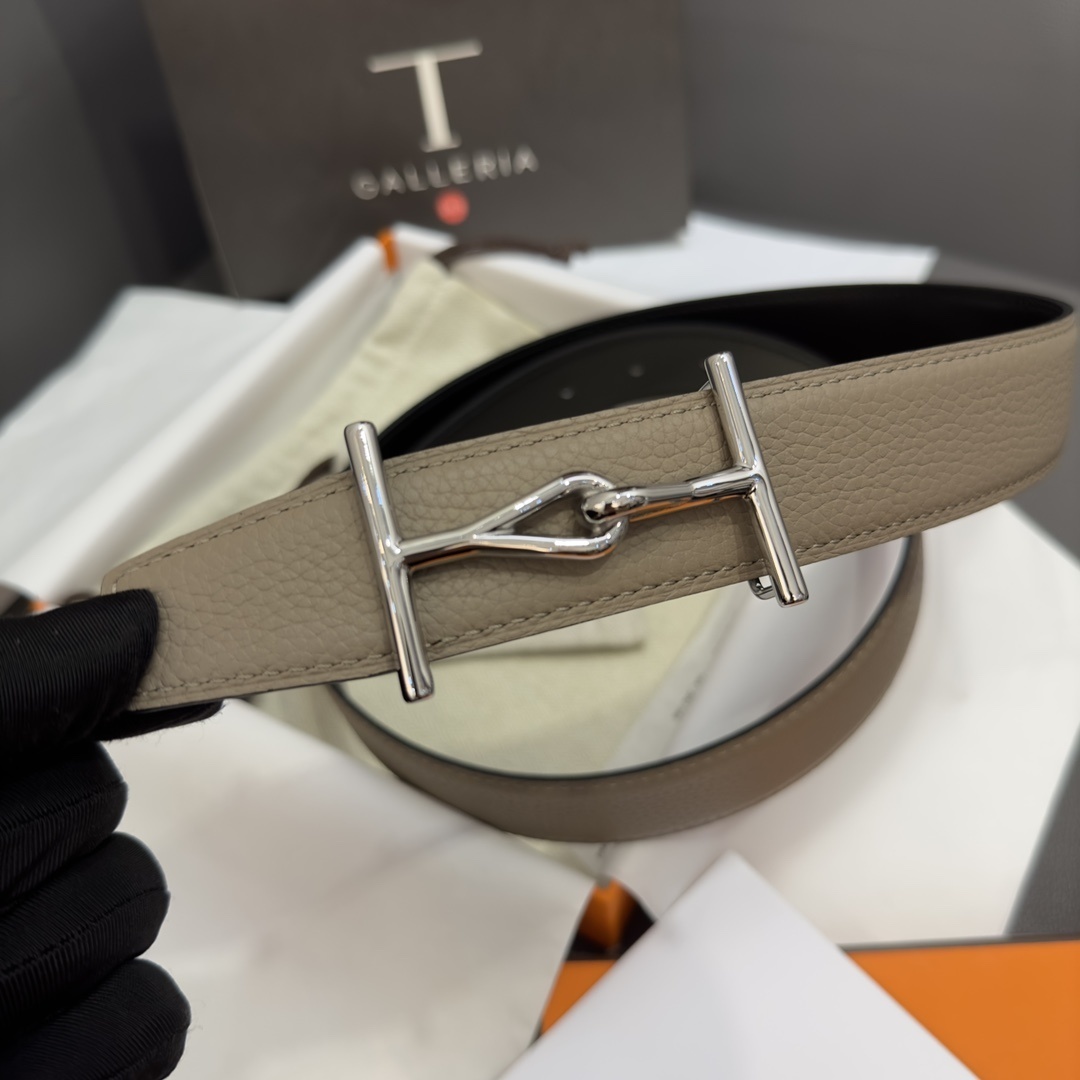 Hermes Mors Buckle Reversible Leather Belt - Taupe & Black Silver