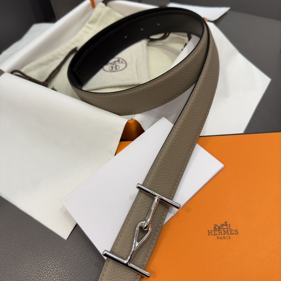 Hermes Mors Buckle Reversible Leather Belt - Taupe & Black Silver