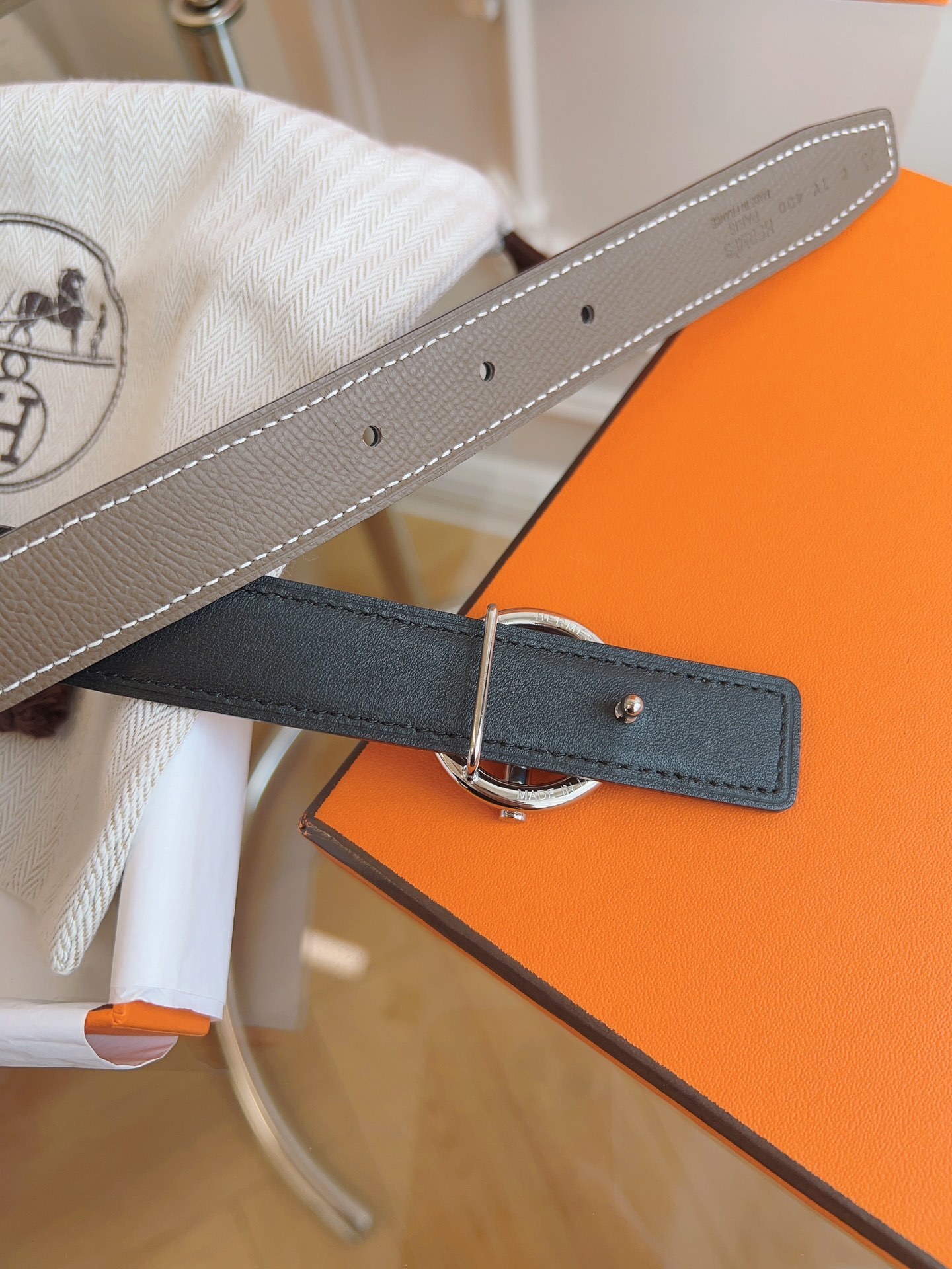 Hermès Reversible Leather Belt with Silver Circle Buckle
